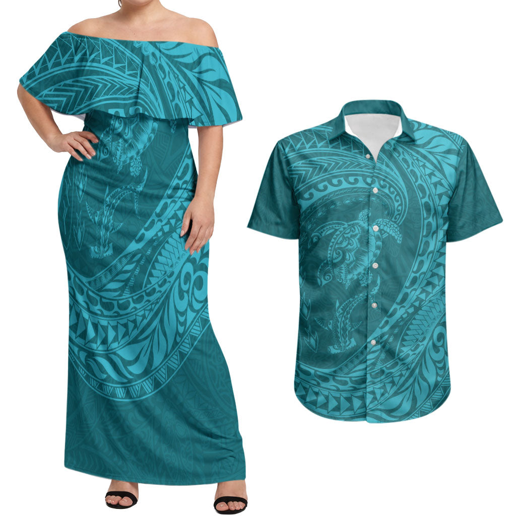 Hawaiian Turtle and Shark Couples Matching Off Shoulder Maxi Dress and Hawaiian Shirt Kakau Tribal with Polynesian Pattern Turquoise Color