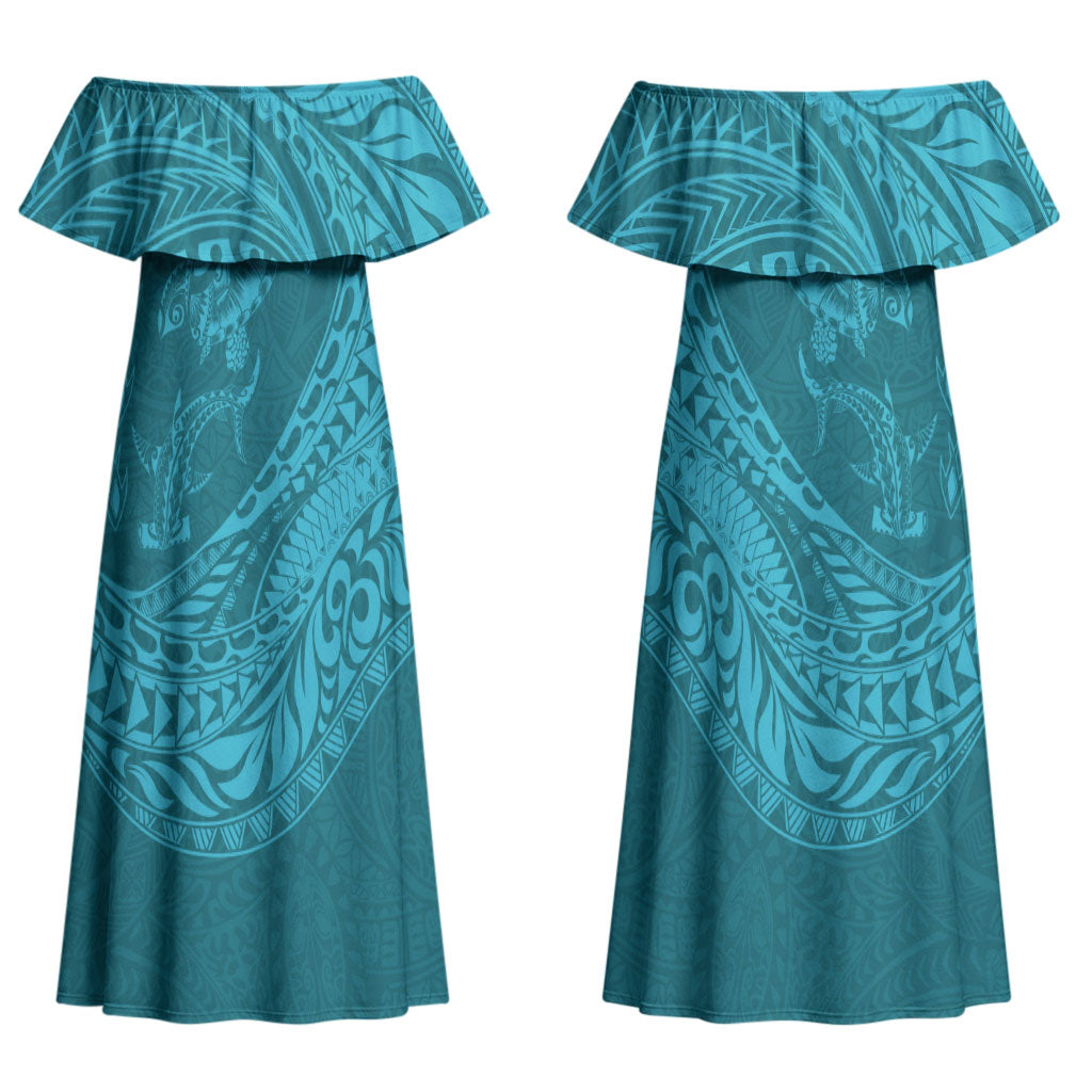 Hawaiian Turtle and Shark Couples Matching Off Shoulder Maxi Dress and Long Sleeve Button Shirt Kakau Tribal with Polynesian Pattern Turquoise Color