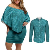 Hawaiian Turtle and Shark Couples Matching Off Shoulder Short Dress and Long Sleeve Button Shirt Kakau Tribal with Polynesian Pattern Turquoise Color