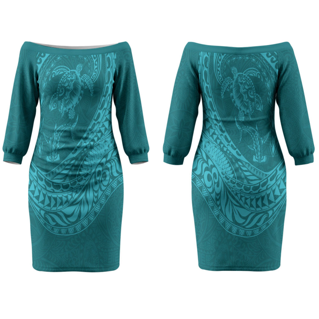 Hawaiian Turtle and Shark Couples Matching Off The Shoulder Long Sleeve Dress and Hawaiian Shirt Kakau Tribal with Polynesian Pattern Turquoise Color