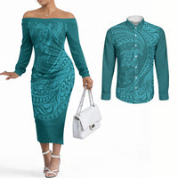 Hawaiian Turtle and Shark Couples Matching Off The Shoulder Long Sleeve Dress and Long Sleeve Button Shirt Kakau Tribal with Polynesian Pattern Turquoise Color