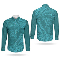 Hawaiian Turtle and Shark Couples Matching Off The Shoulder Long Sleeve Dress and Long Sleeve Button Shirt Kakau Tribal with Polynesian Pattern Turquoise Color