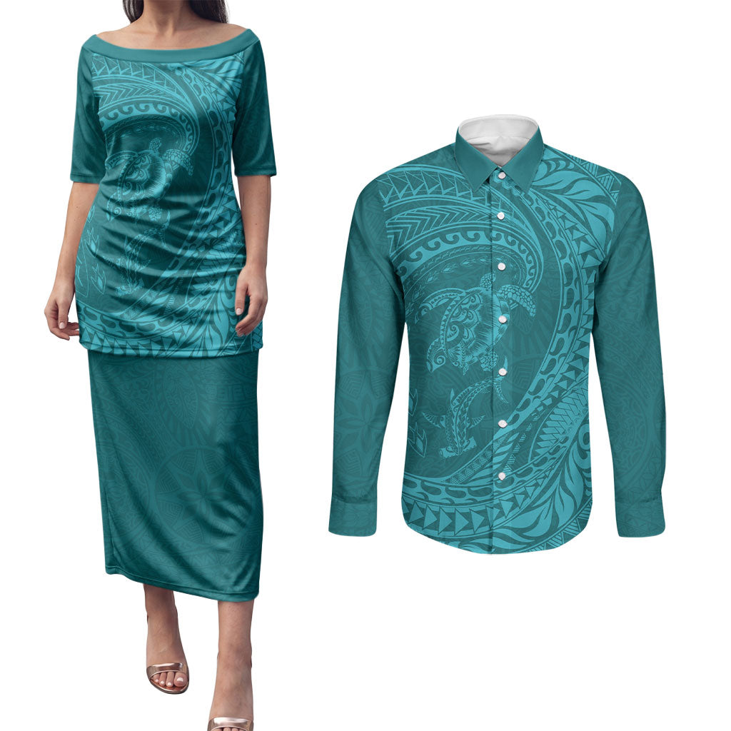 Hawaiian Turtle and Shark Couples Matching Puletasi and Long Sleeve Button Shirt Kakau Tribal with Polynesian Pattern Turquoise Color