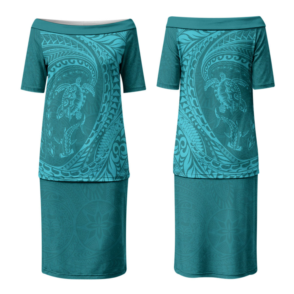 Hawaiian Turtle and Shark Couples Matching Puletasi and Long Sleeve Button Shirt Kakau Tribal with Polynesian Pattern Turquoise Color