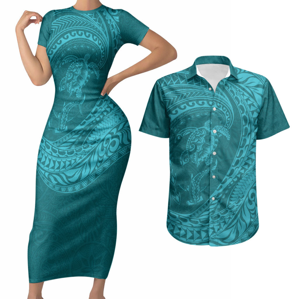Hawaiian Turtle and Shark Couples Matching Short Sleeve Bodycon Dress and Hawaiian Shirt Kakau Tribal with Polynesian Pattern Turquoise Color
