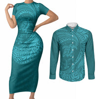Hawaiian Turtle and Shark Couples Matching Short Sleeve Bodycon Dress and Long Sleeve Button Shirt Kakau Tribal with Polynesian Pattern Turquoise Color