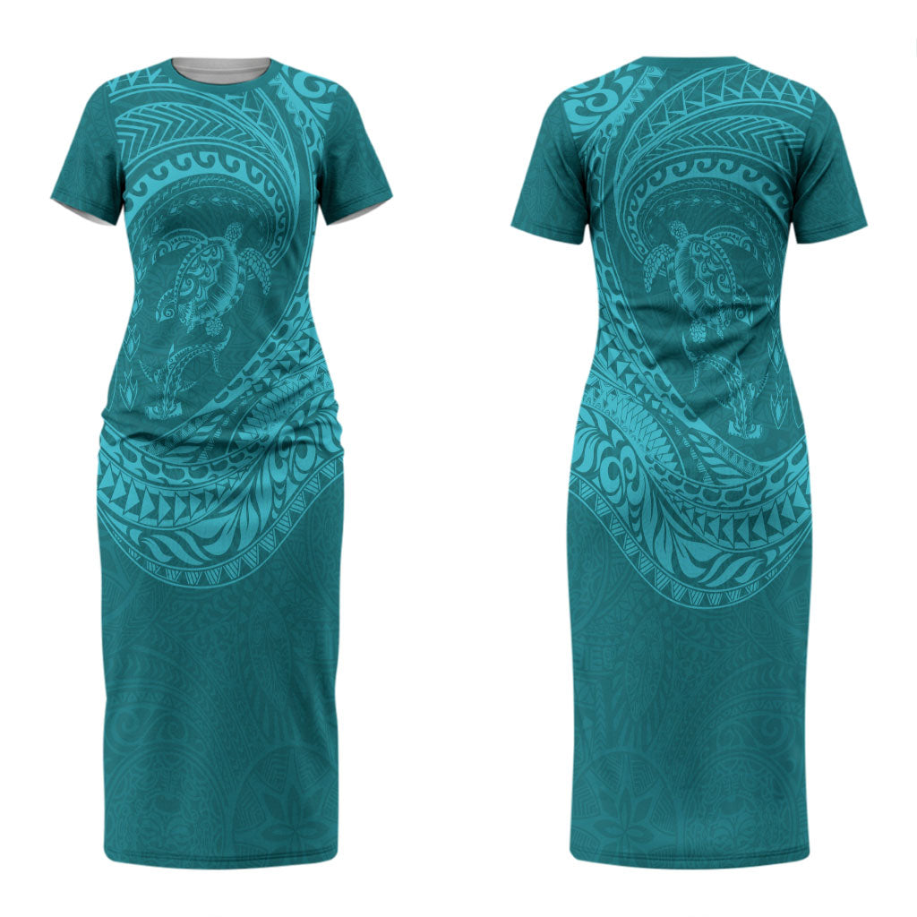 Hawaiian Turtle and Shark Couples Matching Short Sleeve Bodycon Dress and Long Sleeve Button Shirt Kakau Tribal with Polynesian Pattern Turquoise Color