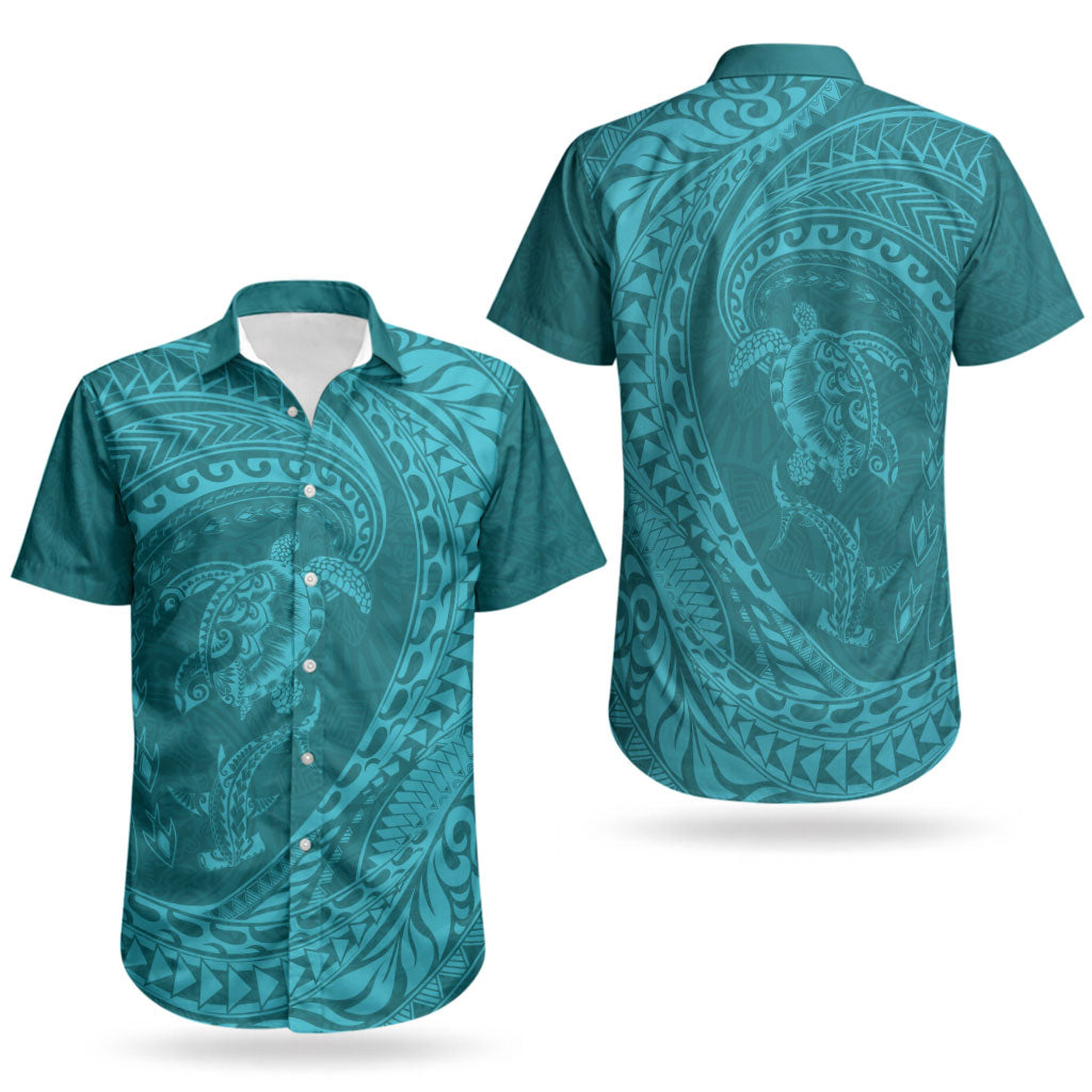 Hawaiian Turtle and Shark Couples Matching Summer Maxi Dress and Hawaiian Shirt Kakau Tribal with Polynesian Pattern Turquoise Color