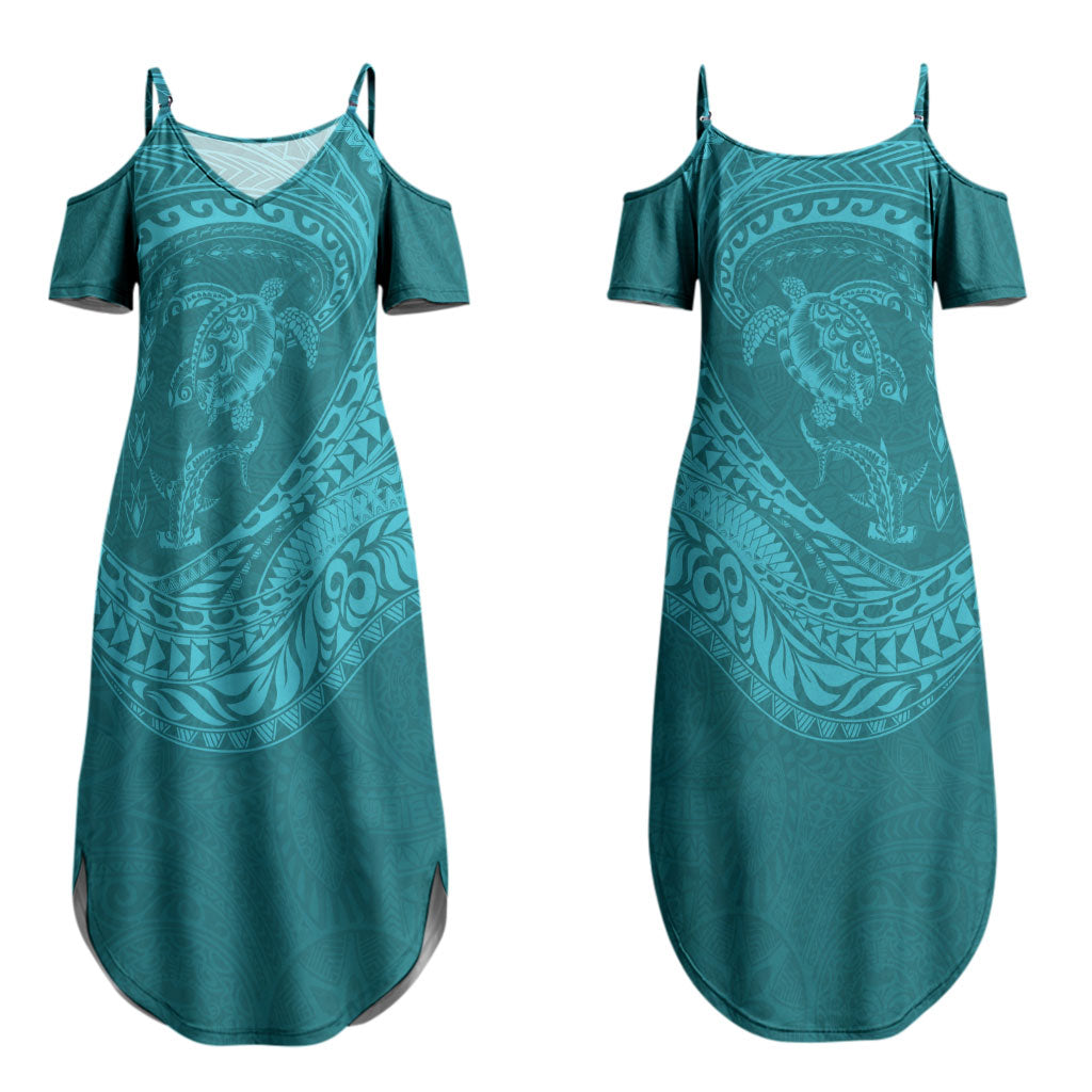 Hawaiian Turtle and Shark Couples Matching Summer Maxi Dress and Hawaiian Shirt Kakau Tribal with Polynesian Pattern Turquoise Color