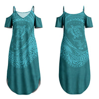 Hawaiian Turtle and Shark Couples Matching Summer Maxi Dress and Hawaiian Shirt Kakau Tribal with Polynesian Pattern Turquoise Color