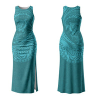 Hawaiian Turtle and Shark Couples Matching Tank Maxi Dress and Long Sleeve Button Shirt Kakau Tribal with Polynesian Pattern Turquoise Color