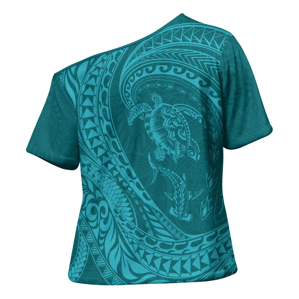 Hawaiian Turtle and Shark Cross Shoulder Shirt Kakau Tribal with Polynesian Pattern Turquoise Color