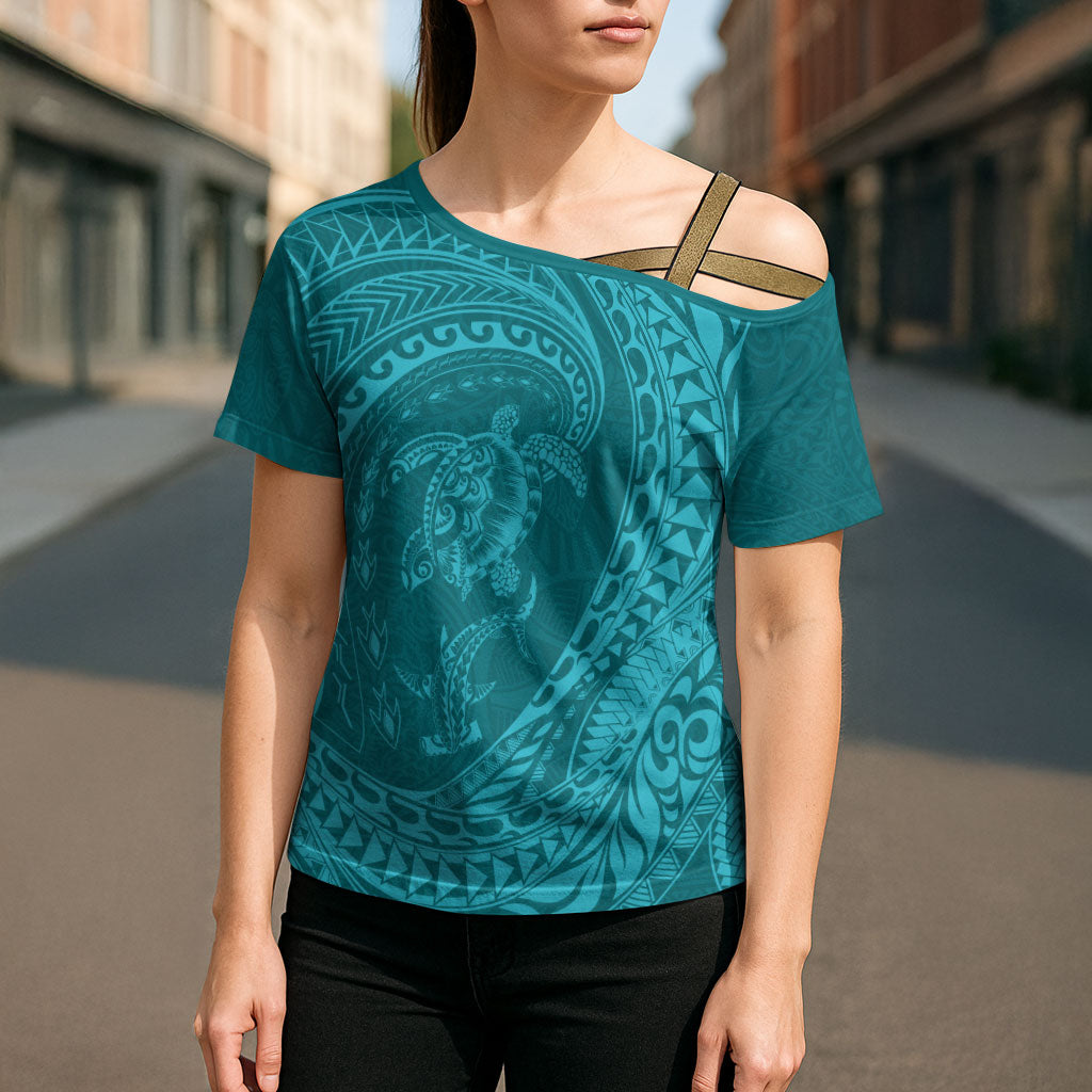 Hawaiian Turtle and Shark Cross Shoulder Shirt Kakau Tribal with Polynesian Pattern Turquoise Color