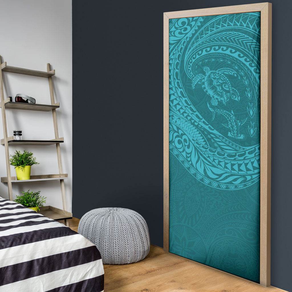 Hawaiian Turtle and Shark Door Cover Kakau Tribal with Polynesian Pattern Turquoise Color