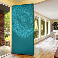 Hawaiian Turtle and Shark Door Cover Kakau Tribal with Polynesian Pattern Turquoise Color