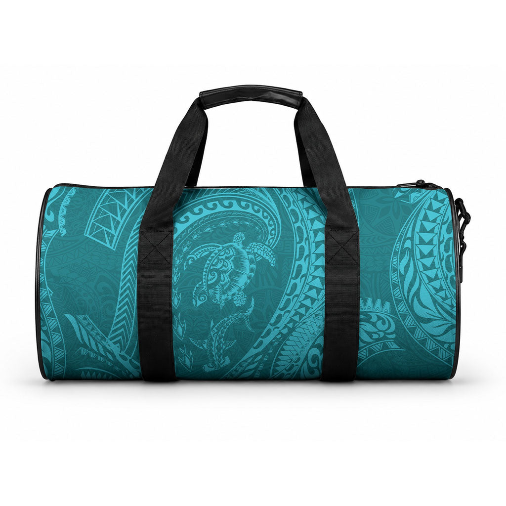 Hawaiian Turtle and Shark Duffle Bag Kakau Tribal with Polynesian Pattern Turquoise Color