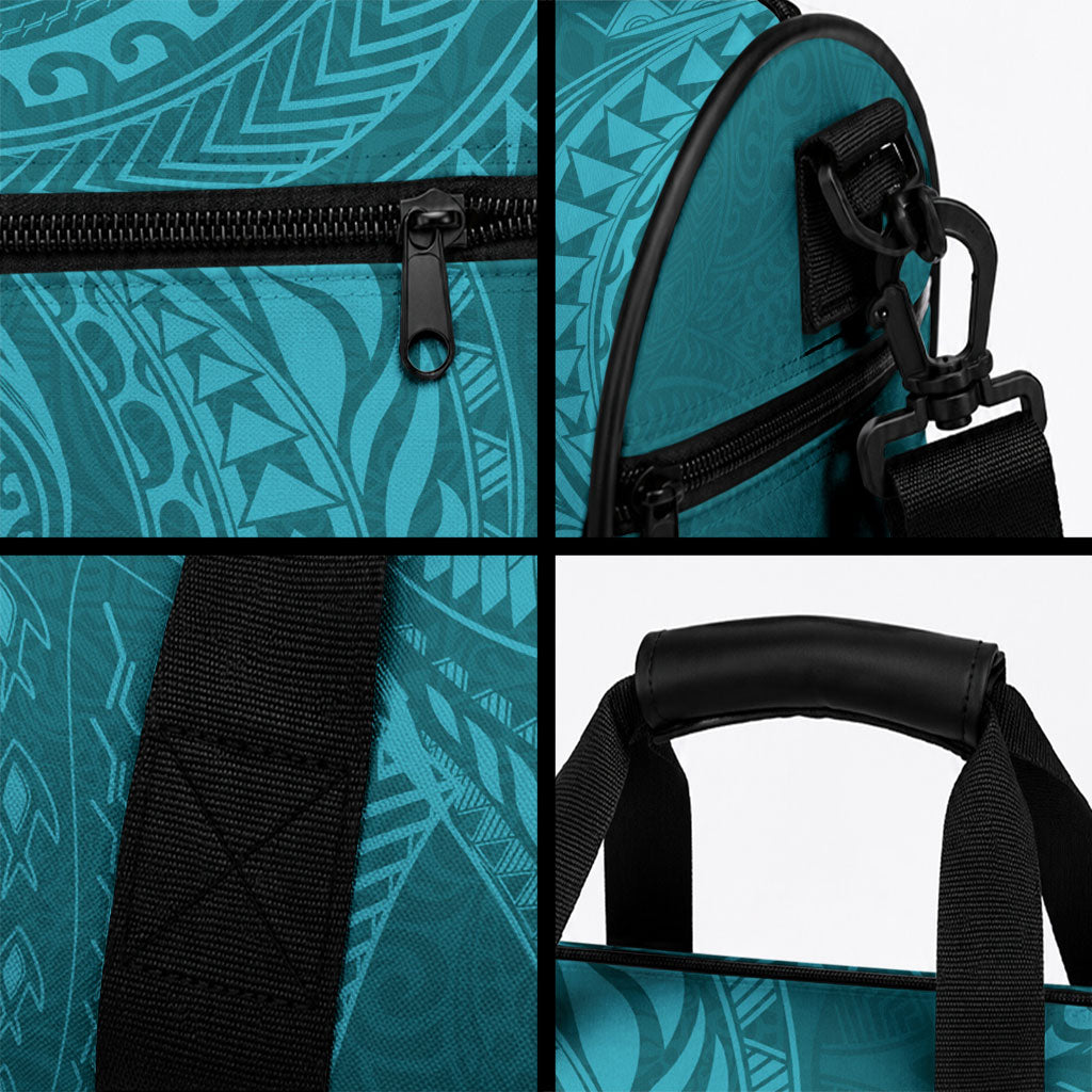 Hawaiian Turtle and Shark Duffle Bag Kakau Tribal with Polynesian Pattern Turquoise Color