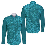 Hawaiian Turtle and Shark Family Matching Long Sleeve Bodycon Dress and Hawaiian Shirt Kakau Tribal with Polynesian Pattern Turquoise Color