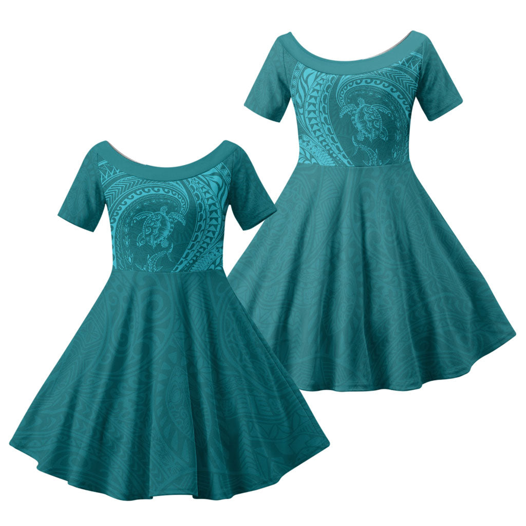 Hawaiian Turtle and Shark Family Matching Long Sleeve Bodycon Dress and Hawaiian Shirt Kakau Tribal with Polynesian Pattern Turquoise Color