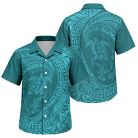 Hawaiian Turtle and Shark Family Matching Long Sleeve Bodycon Dress and Hawaiian Shirt Kakau Tribal with Polynesian Pattern Turquoise Color