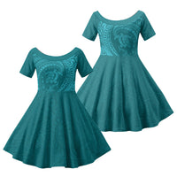 Hawaiian Turtle and Shark Family Matching Off The Shoulder Long Sleeve Dress and Hawaiian Shirt Kakau Tribal with Polynesian Pattern Turquoise Color
