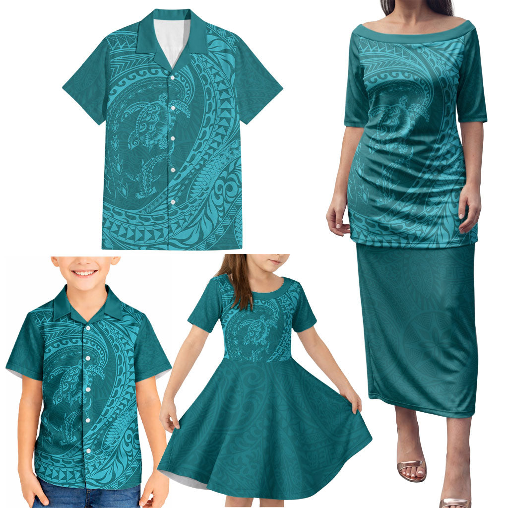 Hawaiian Turtle and Shark Family Matching Puletasi and Hawaiian Shirt Kakau Tribal with Polynesian Pattern Turquoise Color