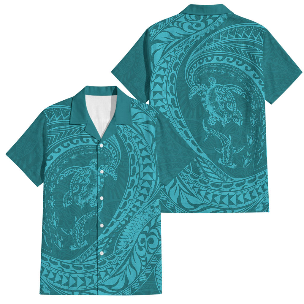 Hawaiian Turtle and Shark Family Matching Puletasi and Hawaiian Shirt Kakau Tribal with Polynesian Pattern Turquoise Color