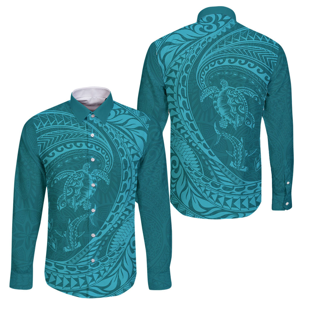 Hawaiian Turtle and Shark Family Matching Puletasi and Hawaiian Shirt Kakau Tribal with Polynesian Pattern Turquoise Color