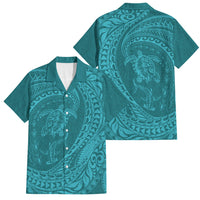 Hawaiian Turtle and Shark Family Matching Short Sleeve Bodycon Dress and Hawaiian Shirt Kakau Tribal with Polynesian Pattern Turquoise Color