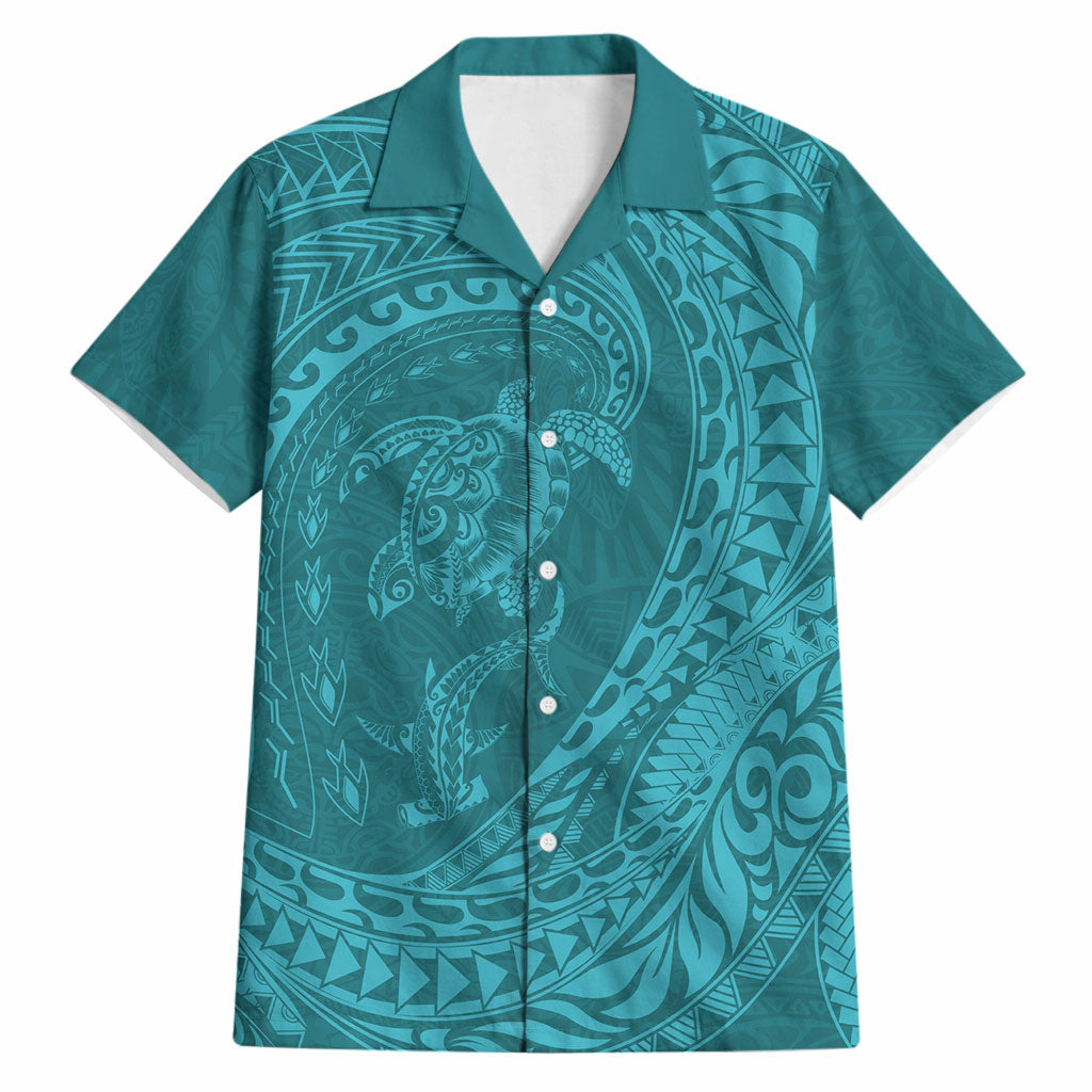 Hawaiian Turtle and Shark Hawaiian Shirt Kakau Tribal with Polynesian Pattern Turquoise Color