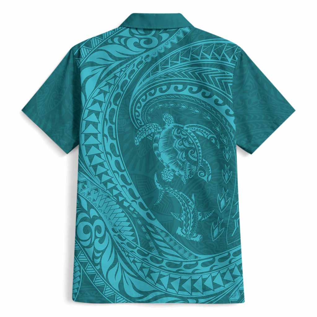 Hawaiian Turtle and Shark Hawaiian Shirt Kakau Tribal with Polynesian Pattern Turquoise Color
