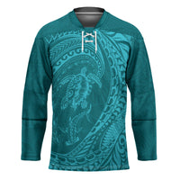 Hawaiian Turtle and Shark Hockey Jersey Kakau Tribal with Polynesian Pattern Turquoise Color