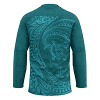 Hawaiian Turtle and Shark Hockey Jersey Kakau Tribal with Polynesian Pattern Turquoise Color