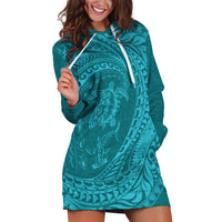 Hawaiian Turtle and Shark Hoodie Dress Kakau Tribal with Polynesian Pattern Turquoise Color