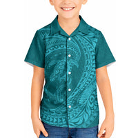 Hawaiian Turtle and Shark Kid Hawaiian Shirt Kakau Tribal with Polynesian Pattern Turquoise Color LT03 Kid Turquoise - Polynesian Pride