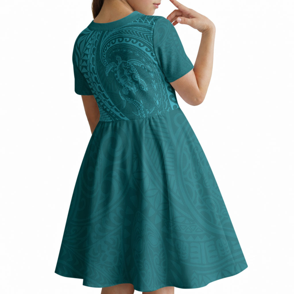 Hawaiian Turtle and Shark Kid Short Sleeve Dress Kakau Tribal with Polynesian Pattern Turquoise Color