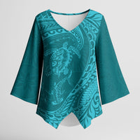 Hawaiian Turtle and Shark Kimono Sleeve Blouse Kakau Tribal with Polynesian Pattern Turquoise Color