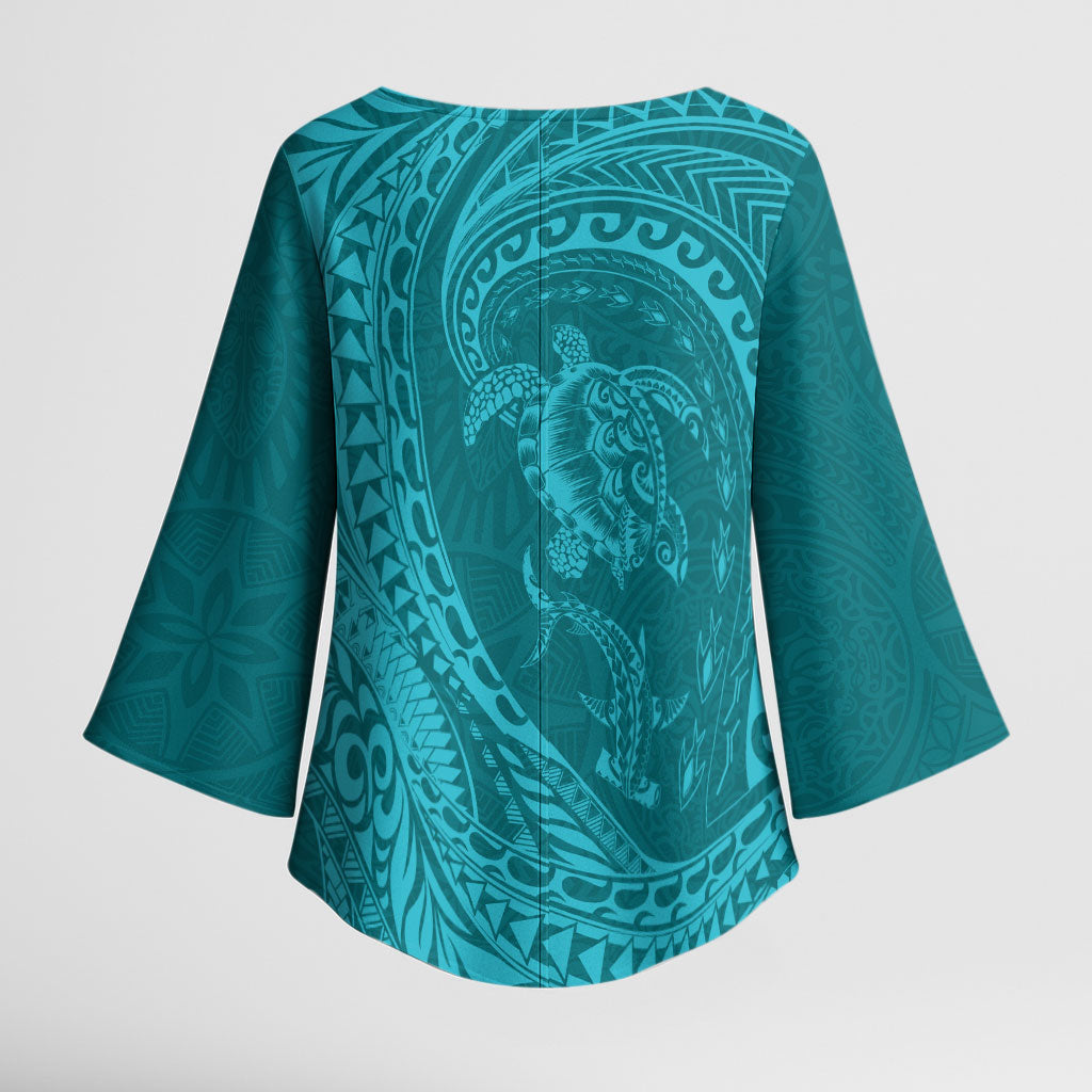 Hawaiian Turtle and Shark Kimono Sleeve Blouse Kakau Tribal with Polynesian Pattern Turquoise Color