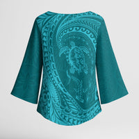 Hawaiian Turtle and Shark Kimono Sleeve Blouse Kakau Tribal with Polynesian Pattern Turquoise Color