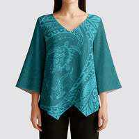 Hawaiian Turtle and Shark Kimono Sleeve Blouse Kakau Tribal with Polynesian Pattern Turquoise Color