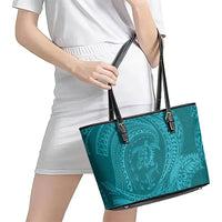 Hawaiian Turtle and Shark Leather Tote Bag Kakau Tribal with Polynesian Pattern Turquoise Color