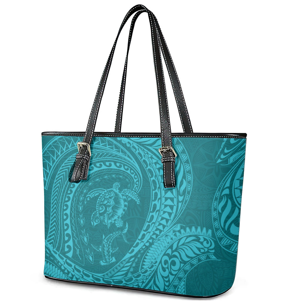 Hawaiian Turtle and Shark Leather Tote Bag Kakau Tribal with Polynesian Pattern Turquoise Color