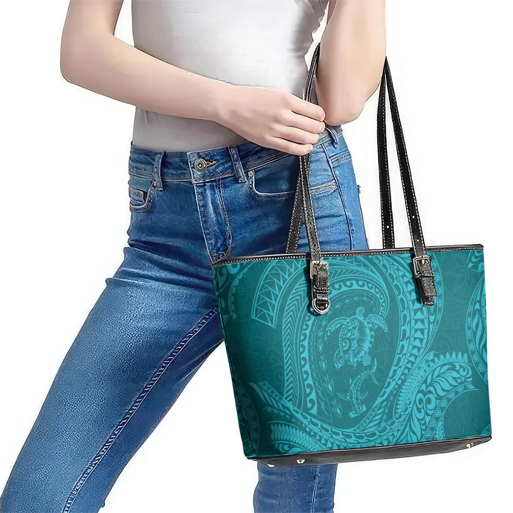 Hawaiian Turtle and Shark Leather Tote Bag Kakau Tribal with Polynesian Pattern Turquoise Color