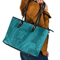 Hawaiian Turtle and Shark Leather Tote Bag Kakau Tribal with Polynesian Pattern Turquoise Color