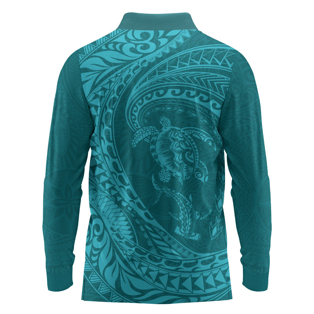 Hawaiian Turtle and Shark Long Sleeve Polo Shirt Kakau Tribal with Polynesian Pattern Turquoise Color