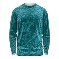 Hawaiian Turtle and Shark Long Sleeve Shirt Kakau Tribal with Polynesian Pattern Turquoise Color