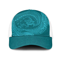 Hawaiian Turtle and Shark Mesh Trucker Cap Kakau Tribal with Polynesian Pattern Turquoise Color