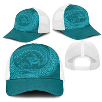 Hawaiian Turtle and Shark Mesh Trucker Cap Kakau Tribal with Polynesian Pattern Turquoise Color