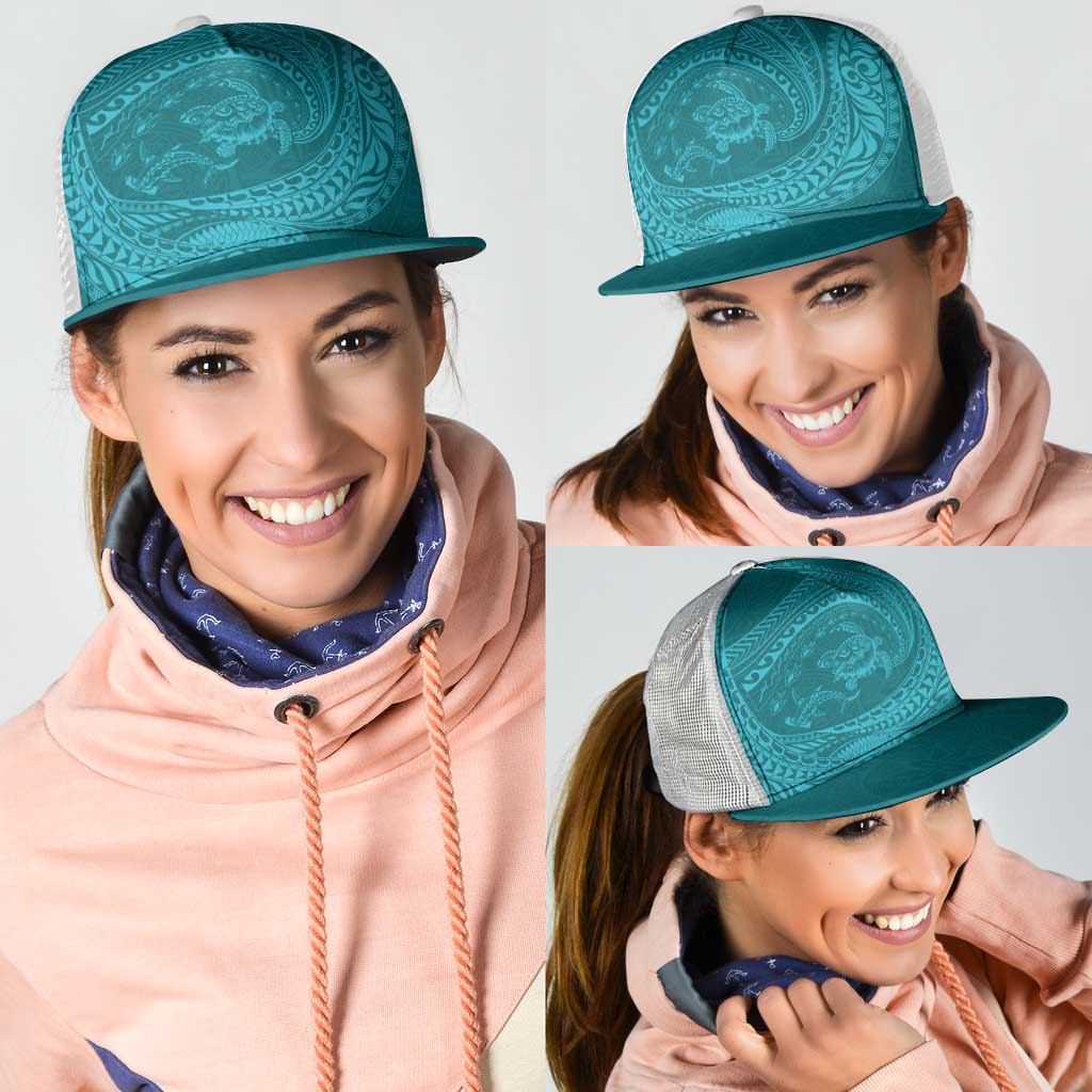 Hawaiian Turtle and Shark Mesh Trucker Cap Kakau Tribal with Polynesian Pattern Turquoise Color