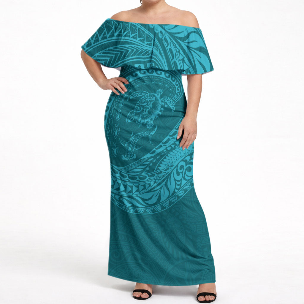 Hawaiian Turtle and Shark Off Shoulder Maxi Dress Kakau Tribal with Polynesian Pattern Turquoise Color